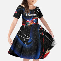 Puerto Rico Rooster Family Matching Long Sleeve Bodycon Dress and Hawaiian Shirt with Flag Design and Tropical Hibiscus Flowers