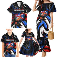 Puerto Rico Rooster Family Matching Mermaid Dress and Hawaiian Shirt with Flag Design and Tropical Hibiscus Flowers