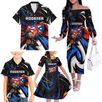 Puerto Rico Rooster Family Matching Off The Shoulder Long Sleeve Dress and Hawaiian Shirt with Flag Design and Tropical Hibiscus Flowers