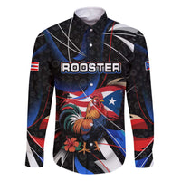 Puerto Rico Rooster Family Matching Off The Shoulder Long Sleeve Dress and Hawaiian Shirt with Flag Design and Tropical Hibiscus Flowers