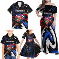 Puerto Rico Rooster Family Matching Off Shoulder Maxi Dress and Hawaiian Shirt with Flag Design and Tropical Hibiscus Flowers