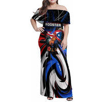 Puerto Rico Rooster Family Matching Off Shoulder Maxi Dress and Hawaiian Shirt with Flag Design and Tropical Hibiscus Flowers