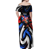 Puerto Rico Rooster Family Matching Off Shoulder Maxi Dress and Hawaiian Shirt with Flag Design and Tropical Hibiscus Flowers