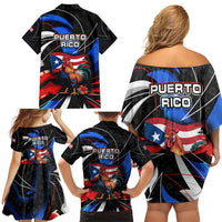 Puerto Rico Rooster Family Matching Off Shoulder Short Dress and Hawaiian Shirt with Flag Design and Tropical Hibiscus Flowers