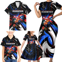 Puerto Rico Rooster Family Matching Short Sleeve Bodycon Dress and Hawaiian Shirt with Flag Design and Tropical Hibiscus Flowers