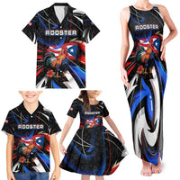 Puerto Rico Rooster Family Matching Tank Maxi Dress and Hawaiian Shirt with Flag Design and Tropical Hibiscus Flowers