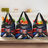 Puerto Rico Rooster Grocery Bag with Flag Design and Tropical Hibiscus Flowers