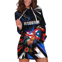 Puerto Rico Rooster Hoodie Dress with Flag Design and Tropical Hibiscus Flowers