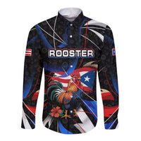 Puerto Rico Rooster Long Sleeve Button Shirt with Flag Design and Tropical Hibiscus Flowers
