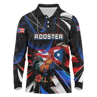Puerto Rico Rooster Long Sleeve Polo Shirt with Flag Design and Tropical Hibiscus Flowers