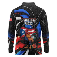 Puerto Rico Rooster Long Sleeve Polo Shirt with Flag Design and Tropical Hibiscus Flowers
