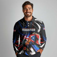Puerto Rico Rooster Long Sleeve Polo Shirt with Flag Design and Tropical Hibiscus Flowers