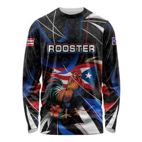 Puerto Rico Rooster Long Sleeve Shirt with Flag Design and Tropical Hibiscus Flowers