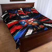 Puerto Rico Rooster Quilt Bed Set with Flag Design and Tropical Hibiscus Flowers