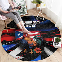 Puerto Rico Rooster Round Carpet with Flag Design and Tropical Hibiscus Flowers