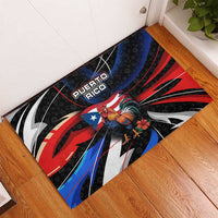 Puerto Rico Rooster Rubber Doormat with Flag Design and Tropical Hibiscus Flowers