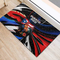 Puerto Rico Rooster Rubber Doormat with Flag Design and Tropical Hibiscus Flowers