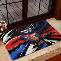 Puerto Rico Rooster Rubber Doormat with Flag Design and Tropical Hibiscus Flowers