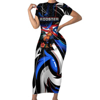 Puerto Rico Rooster Short Sleeve Bodycon Dress with Flag Design and Tropical Hibiscus Flowers