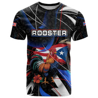 Puerto Rico Rooster T Shirt with Flag Design and Tropical Hibiscus Flowers