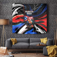 Puerto Rico Rooster Tapestry with Flag Design and Tropical Hibiscus Flowers