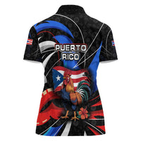 Puerto Rico Rooster Women Polo Shirt with Flag Design and Tropical Hibiscus Flowers