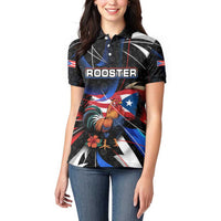 Puerto Rico Rooster Women Polo Shirt with Flag Design and Tropical Hibiscus Flowers