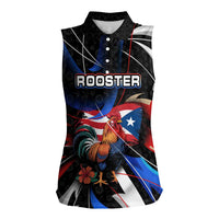 Puerto Rico Rooster Women Sleeveless Polo Shirt with Flag Design and Tropical Hibiscus Flowers