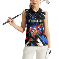Puerto Rico Rooster Women Sleeveless Polo Shirt with Flag Design and Tropical Hibiscus Flowers