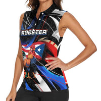 Puerto Rico Rooster Women Sleeveless Polo Shirt with Flag Design and Tropical Hibiscus Flowers