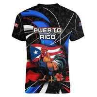 Puerto Rico Rooster Women V-Neck T-Shirt with Flag Design and Tropical Hibiscus Flowers