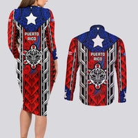 Puerto Rico Couples Matching Long Sleeve Bodycon Dress and Long Sleeve Button Shirt with Tribal Patterns, Flag Emblem, and Taino Symbol Design