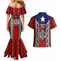 Puerto Rico Couples Matching Mermaid Dress and Hawaiian Shirt with Tribal Patterns, Flag Emblem, and Taino Symbol Design