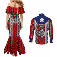 Puerto Rico Couples Matching Mermaid Dress and Long Sleeve Button Shirt with Tribal Patterns, Flag Emblem, and Taino Symbol Design