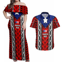 Puerto Rico Couples Matching Off Shoulder Maxi Dress and Hawaiian Shirt with Tribal Patterns, Flag Emblem, and Taino Symbol Design