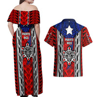 Puerto Rico Couples Matching Off Shoulder Maxi Dress and Hawaiian Shirt with Tribal Patterns, Flag Emblem, and Taino Symbol Design