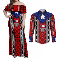 Puerto Rico Couples Matching Off Shoulder Maxi Dress and Long Sleeve Button Shirt with Tribal Patterns, Flag Emblem, and Taino Symbol Design