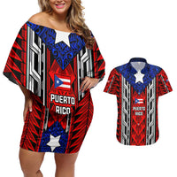 Puerto Rico Couples Matching Off Shoulder Short Dress and Hawaiian Shirt with Tribal Patterns, Flag Emblem, and Taino Symbol Design