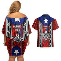 Puerto Rico Couples Matching Off Shoulder Short Dress and Hawaiian Shirt with Tribal Patterns, Flag Emblem, and Taino Symbol Design
