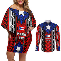 Puerto Rico Couples Matching Off Shoulder Short Dress and Long Sleeve Button Shirt with Tribal Patterns, Flag Emblem, and Taino Symbol Design