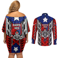 Puerto Rico Couples Matching Off Shoulder Short Dress and Long Sleeve Button Shirt with Tribal Patterns, Flag Emblem, and Taino Symbol Design