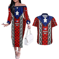 Puerto Rico Couples Matching Off The Shoulder Long Sleeve Dress and Hawaiian Shirt with Tribal Patterns, Flag Emblem, and Taino Symbol Design