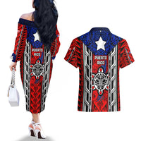 Puerto Rico Couples Matching Off The Shoulder Long Sleeve Dress and Hawaiian Shirt with Tribal Patterns, Flag Emblem, and Taino Symbol Design