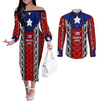Puerto Rico Couples Matching Off The Shoulder Long Sleeve Dress and Long Sleeve Button Shirt with Tribal Patterns, Flag Emblem, and Taino Symbol Design