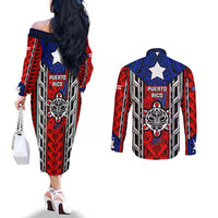 Puerto Rico Couples Matching Off The Shoulder Long Sleeve Dress and Long Sleeve Button Shirt with Tribal Patterns, Flag Emblem, and Taino Symbol Design