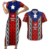 Puerto Rico Couples Matching Short Sleeve Bodycon Dress and Hawaiian Shirt with Tribal Patterns, Flag Emblem, and Taino Symbol Design