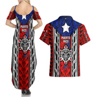 Puerto Rico Couples Matching Summer Maxi Dress and Hawaiian Shirt with Tribal Patterns, Flag Emblem, and Taino Symbol Design