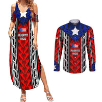 Puerto Rico Couples Matching Summer Maxi Dress and Long Sleeve Button Shirt with Tribal Patterns, Flag Emblem, and Taino Symbol Design