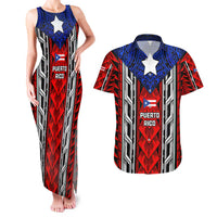 Puerto Rico Couples Matching Tank Maxi Dress and Hawaiian Shirt with Tribal Patterns, Flag Emblem, and Taino Symbol Design