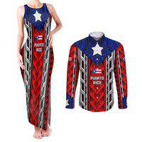 Puerto Rico Couples Matching Tank Maxi Dress and Long Sleeve Button Shirt with Tribal Patterns, Flag Emblem, and Taino Symbol Design